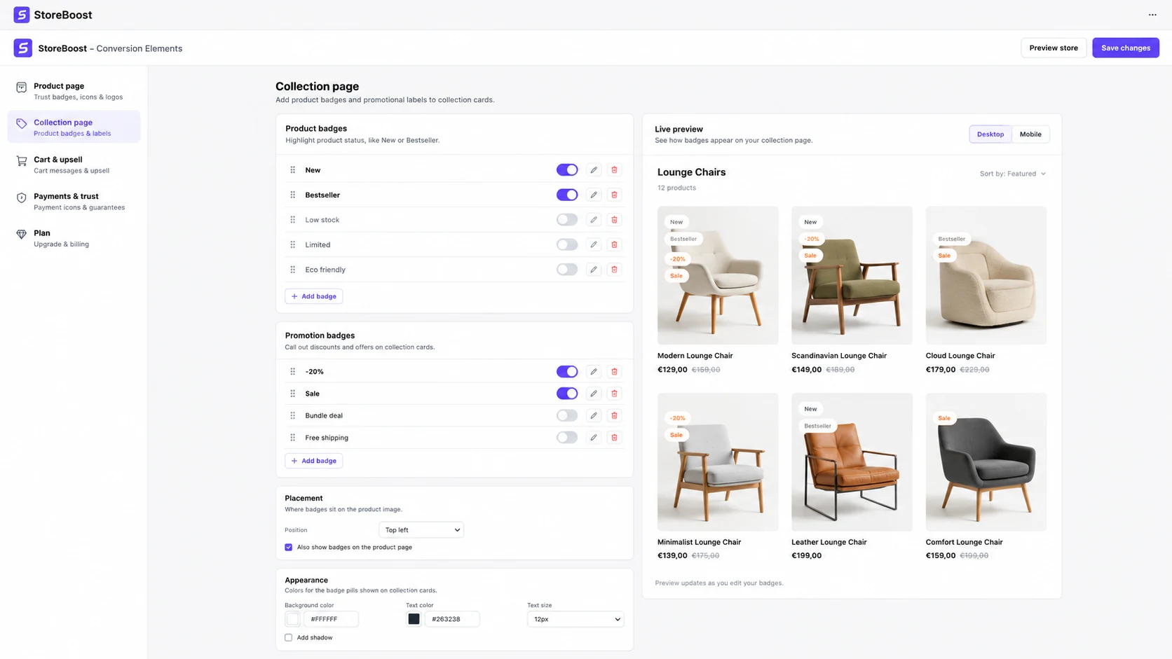 StoreBoost collection page badge settings and live preview