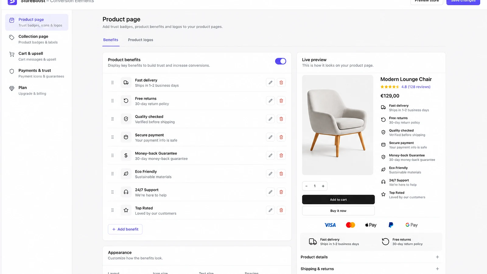 StoreBoost product page benefits and trust settings